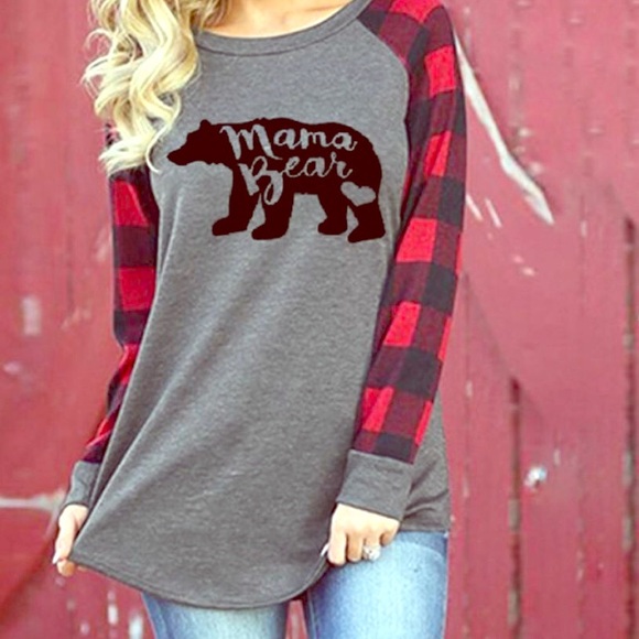 Tops - Mama bear 🐻 plaid sleeve & grey t shirt small